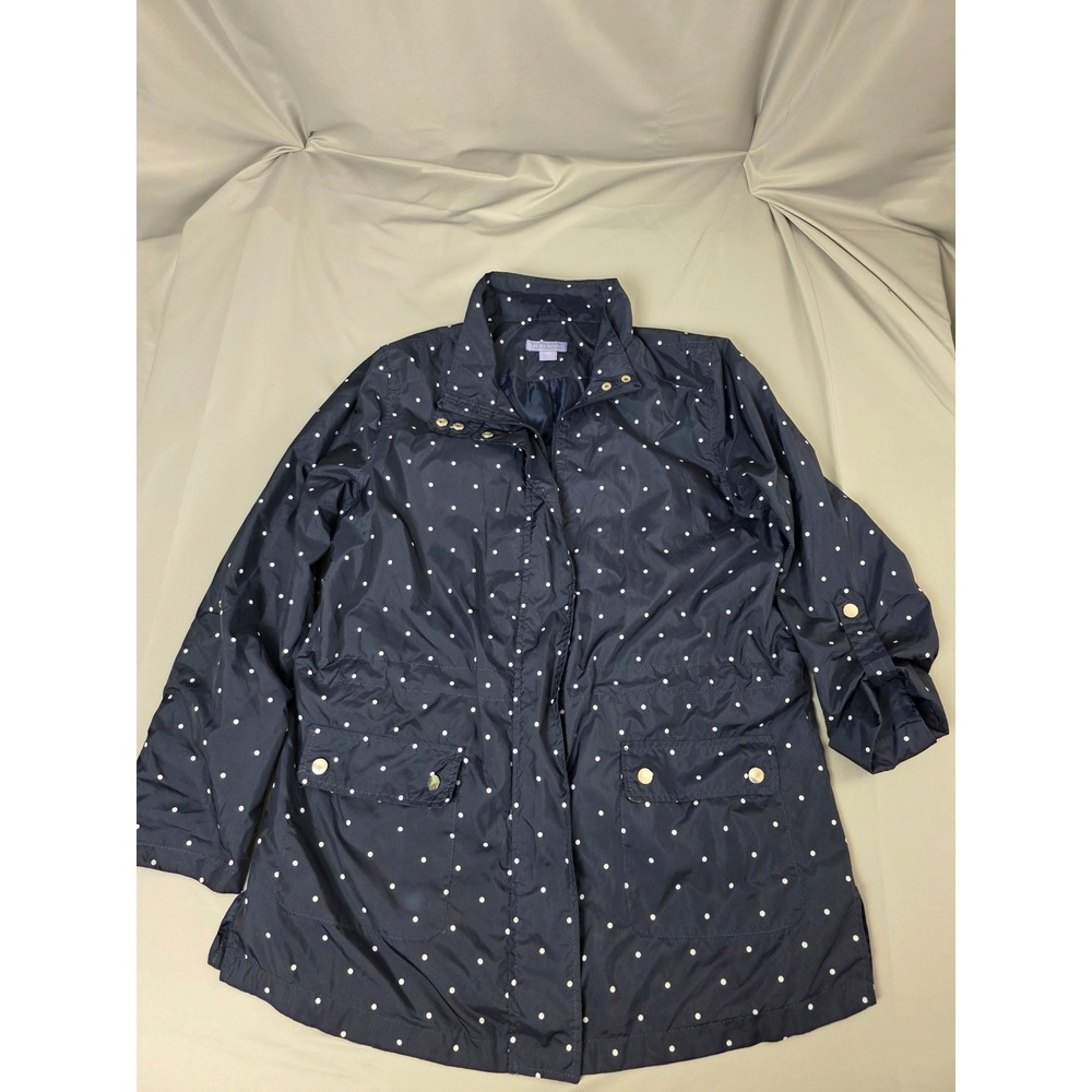 Laura Scott Navy Blue Polka Dot Rain Jacket Utility Coat Women Large